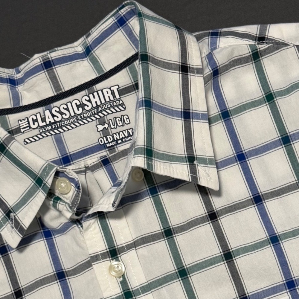Old Navy Button Down Shirt Mens L White Plaid Slim Fit
